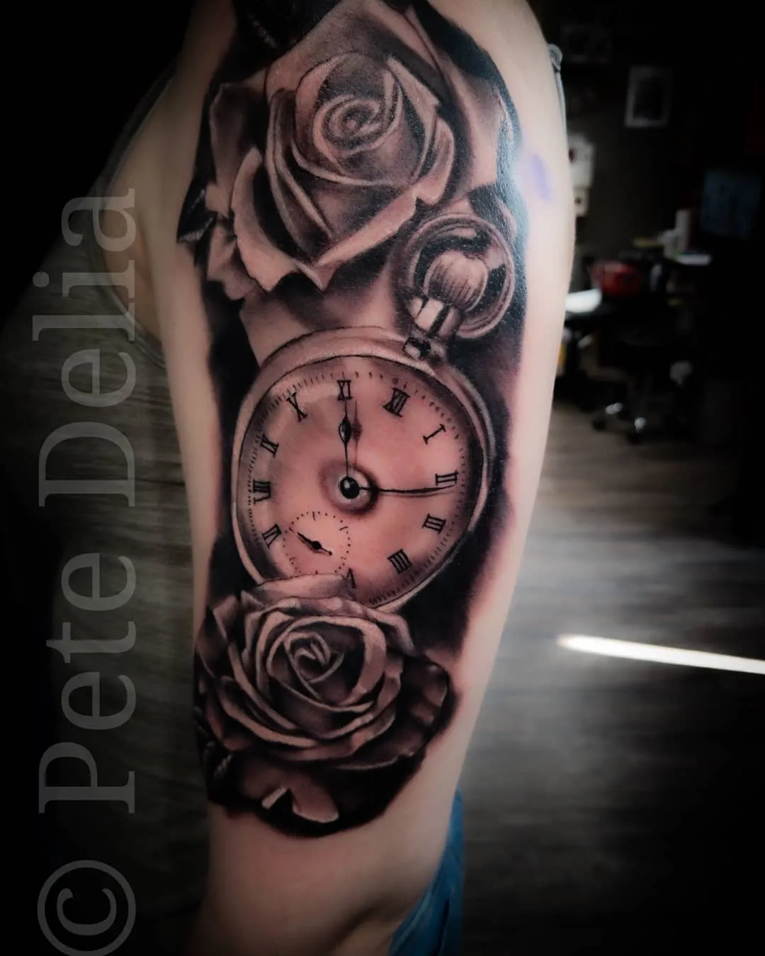 black & grey realism tattoo by Pete Delia at Fallen Raven Tattoo Studio in Simpsonville, SC
