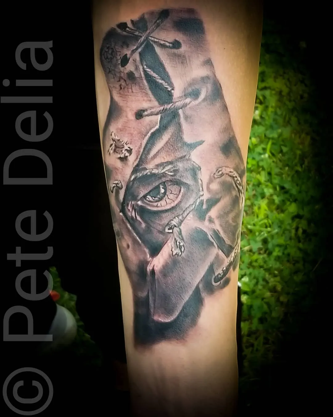 black & grey realism tattoo by Pete Delia at Fallen Raven Tattoo Studio in Simpsonville, SC