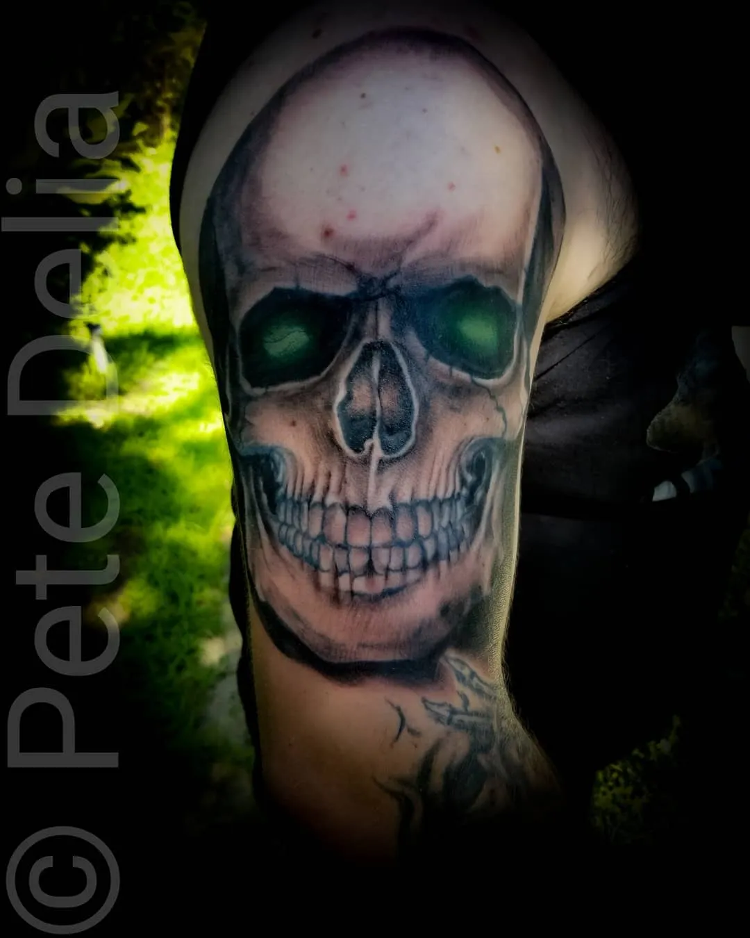 black & grey realism tattoo by Pete Delia at Fallen Raven Tattoo Studio in Simpsonville, SC
