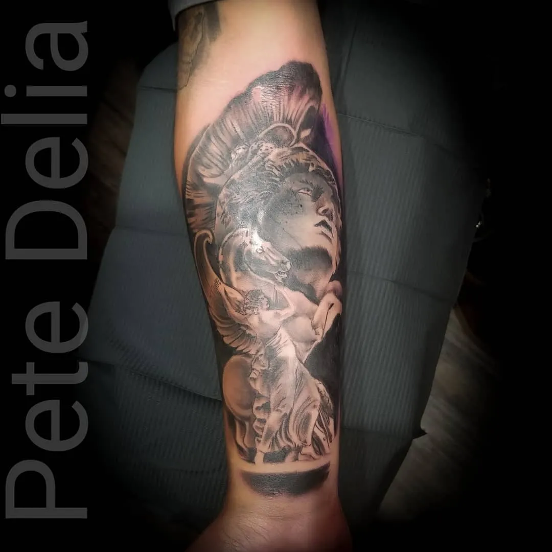 black & grey realism tattoo by Pete Delia at Fallen Raven Tattoo Studio in Simpsonville, SC
