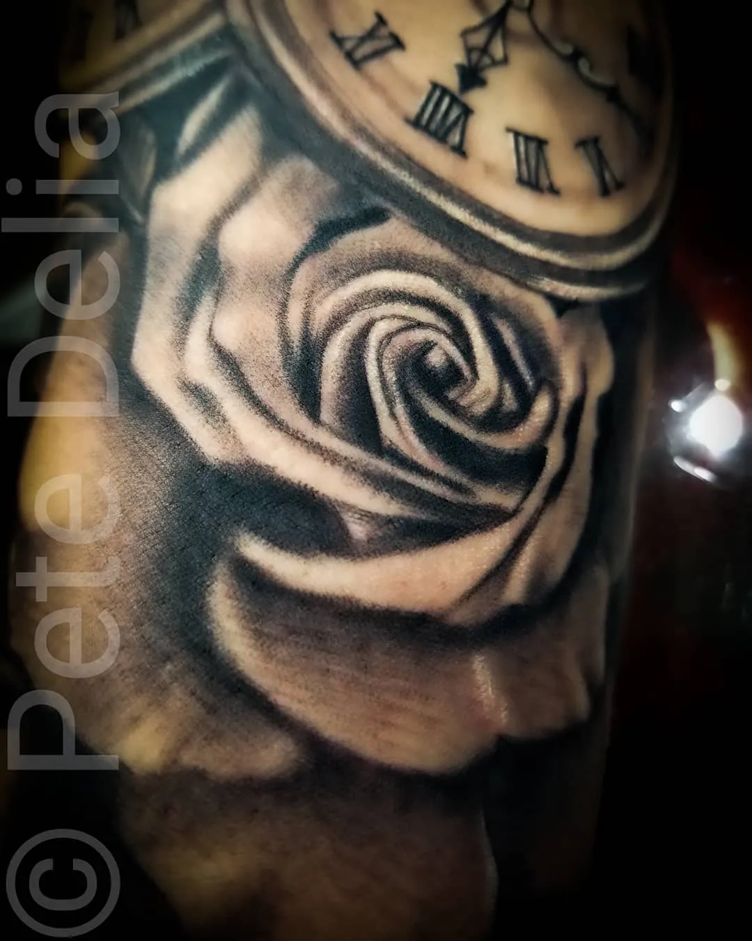 black & grey realism tattoo by Pete Delia at Fallen Raven Tattoo Studio in Simpsonville, SC