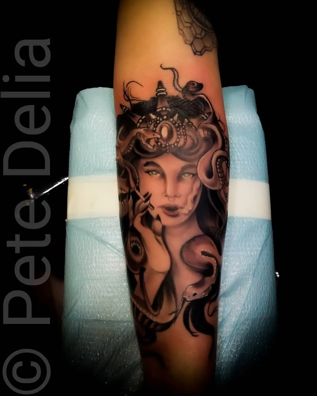 black & grey realism tattoo by Pete Delia at Fallen Raven Tattoo Studio in Simpsonville, SC