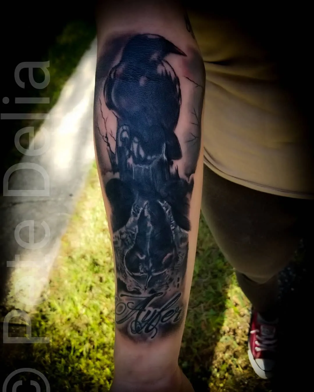 black & grey realism tattoo by Pete Delia at Fallen Raven Tattoo Studio in Simpsonville, SC