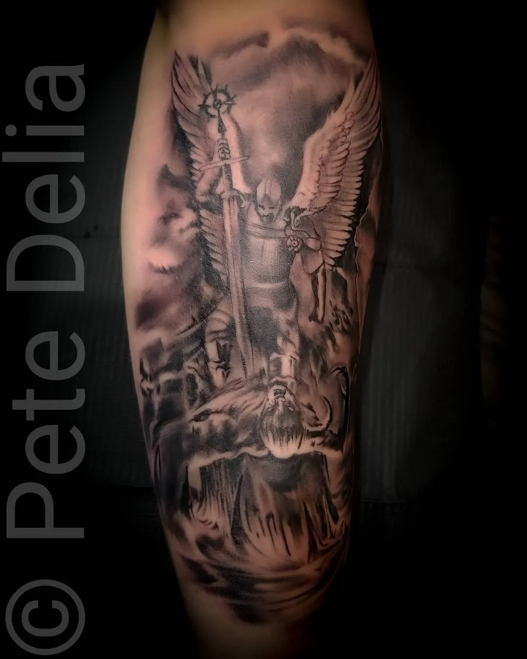 black & grey realism tattoo by Pete Delia at Fallen Raven Tattoo Studio in Simpsonville, SC