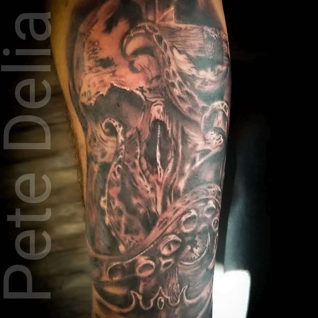 black & grey realism tattoo by Pete Delia at Fallen Raven Tattoo Studio in Simpsonville, SC