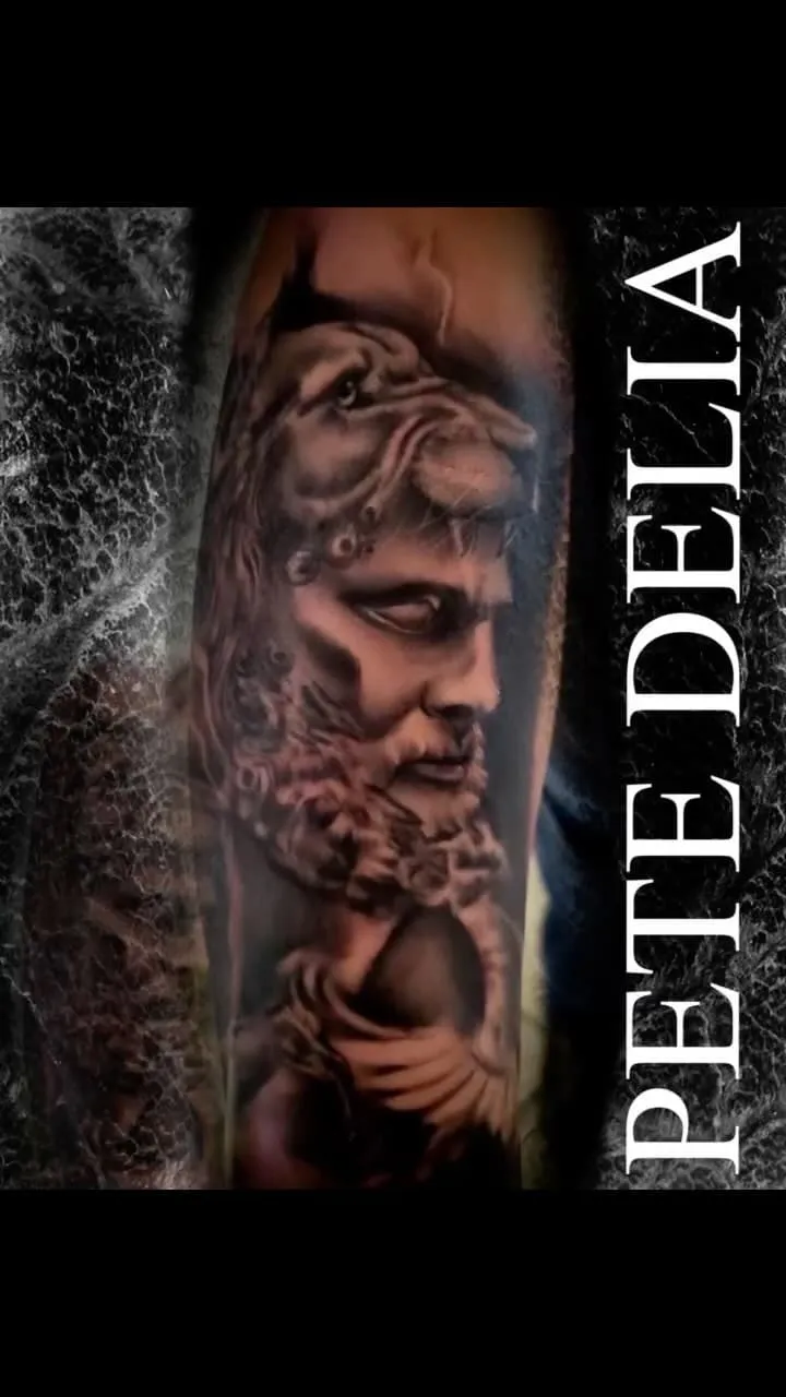 black & grey realism tattoo by Pete Delia at Fallen Raven Tattoo Studio in Simpsonville, SC