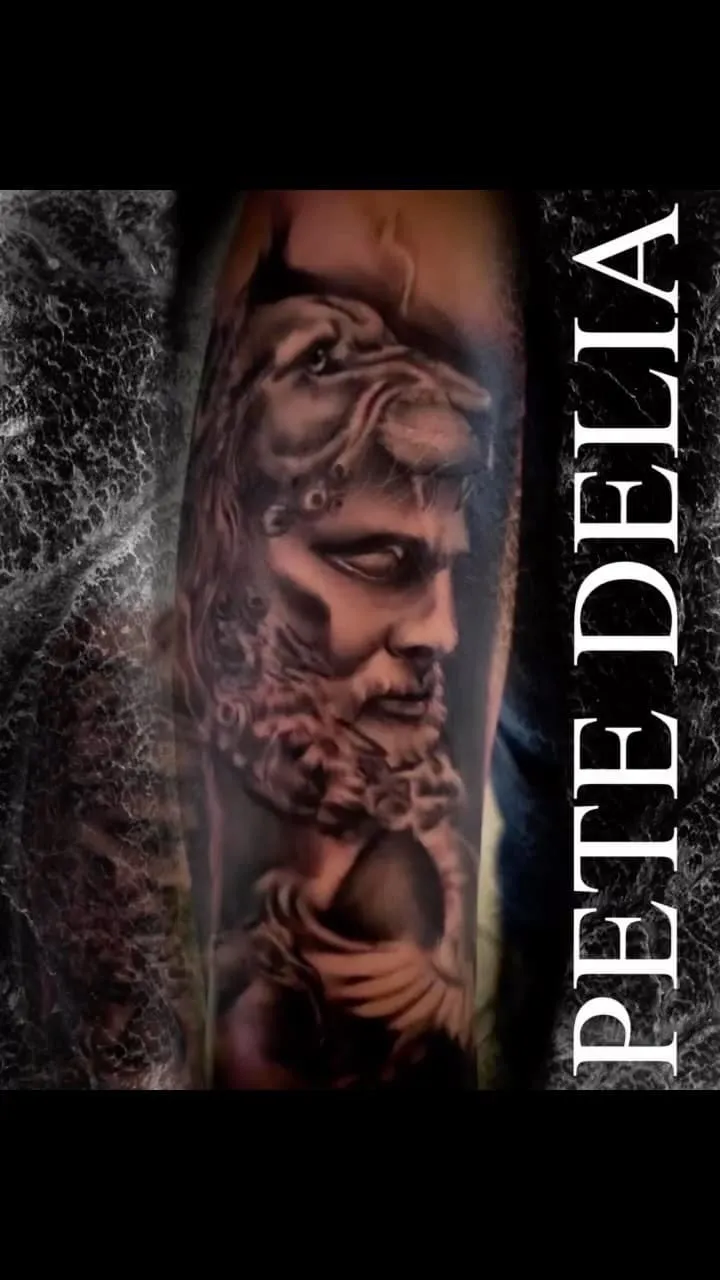 black & grey realism tattoo by Pete Delia at Fallen Raven Tattoo Studio in Simpsonville, SC