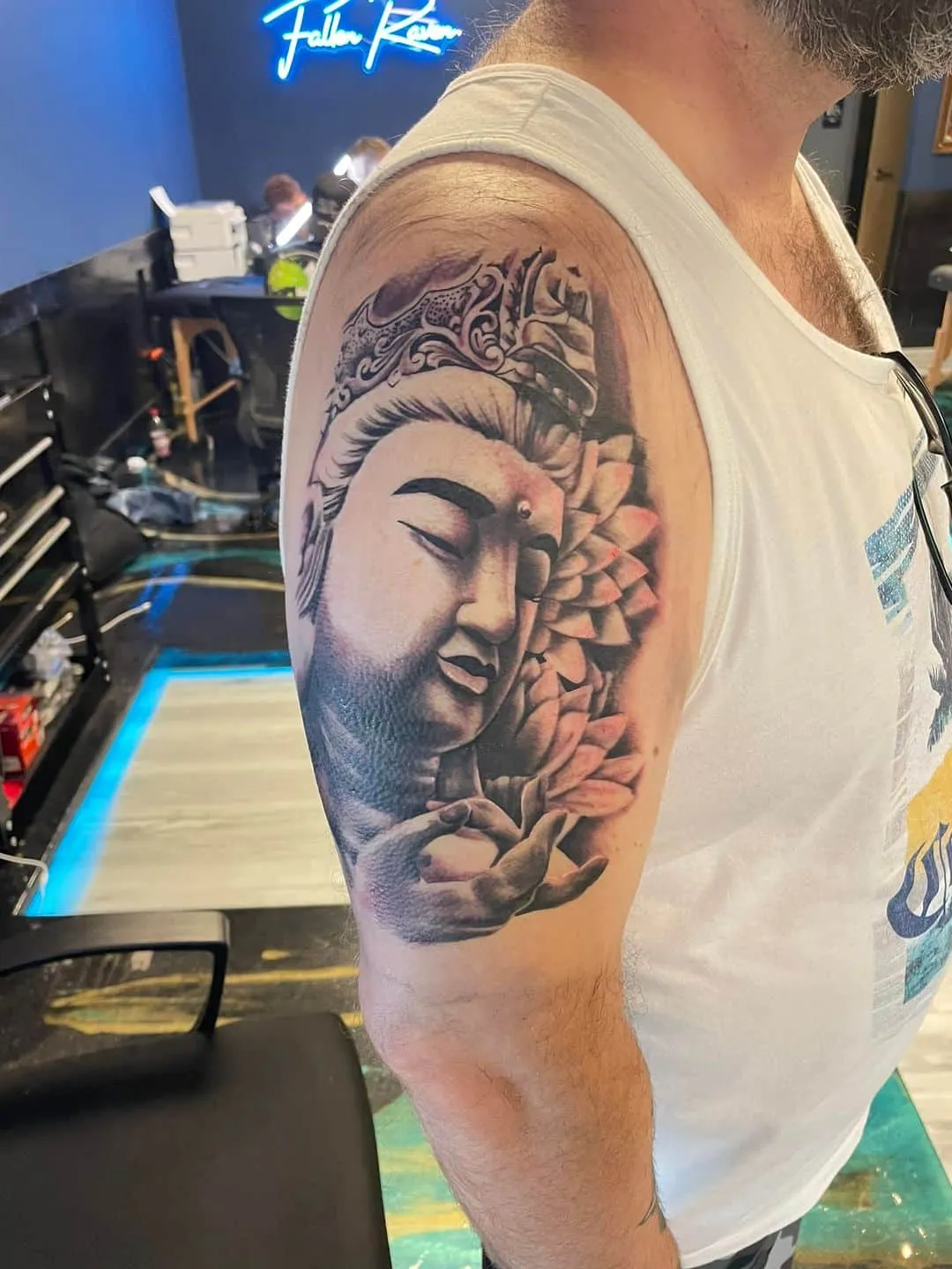 black & grey realism tattoo by TJ Cornelius at Fallen Raven Tattoo Studio in Simpsonville, SC