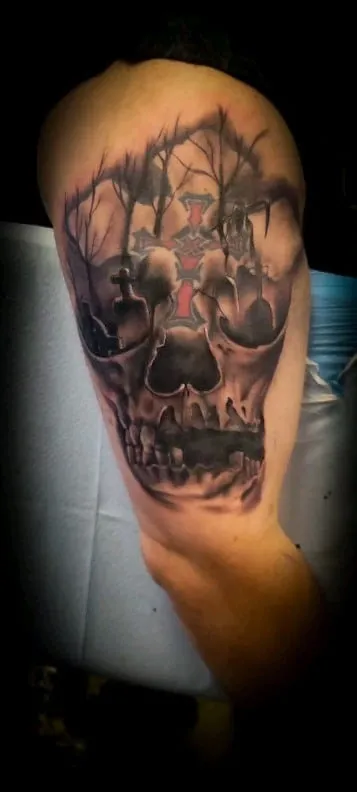 black & grey realism tattoo by Pete Delia at Fallen Raven Tattoo Studio in Simpsonville, SC